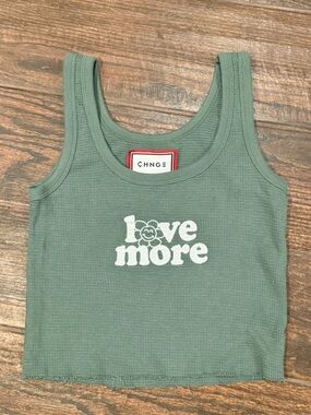 CHNGE Love More Embroidered Waffle Crop Tank Sage Green